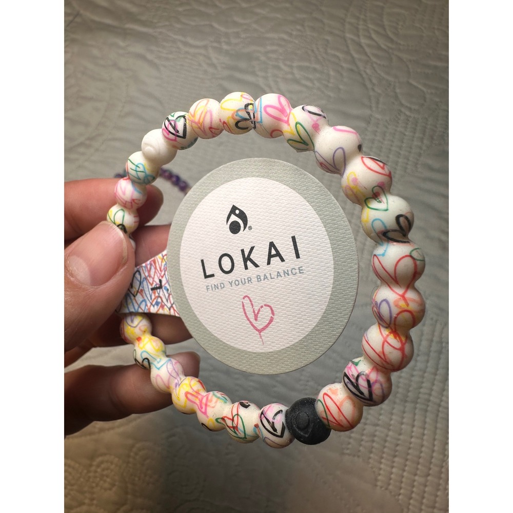 Lokai Bracelet Set Women L White Heart Print Purple Marbled Silicone Stretch